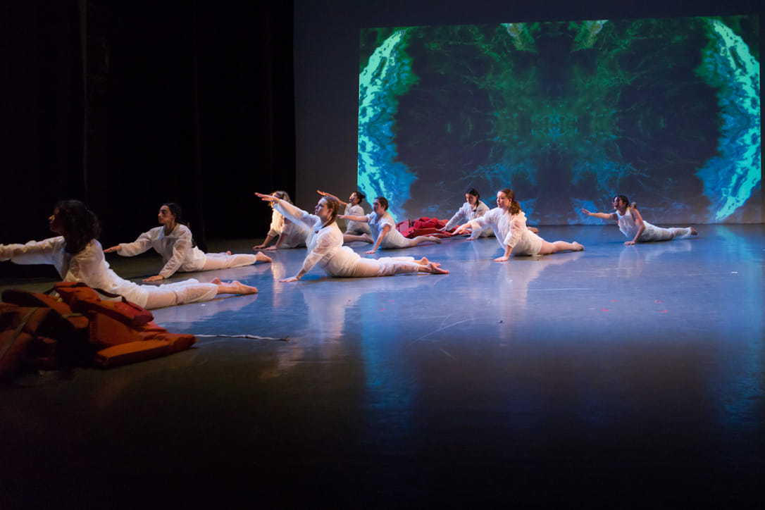 Nine dancers lie prone on the ground facing the left, using one arm to push their upper bodies off of the floor, and reaching the other arm forward. They all gaze out over their extended arms.